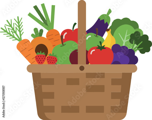 Fresh vegetable basket filled with colorful produce in flat vector art