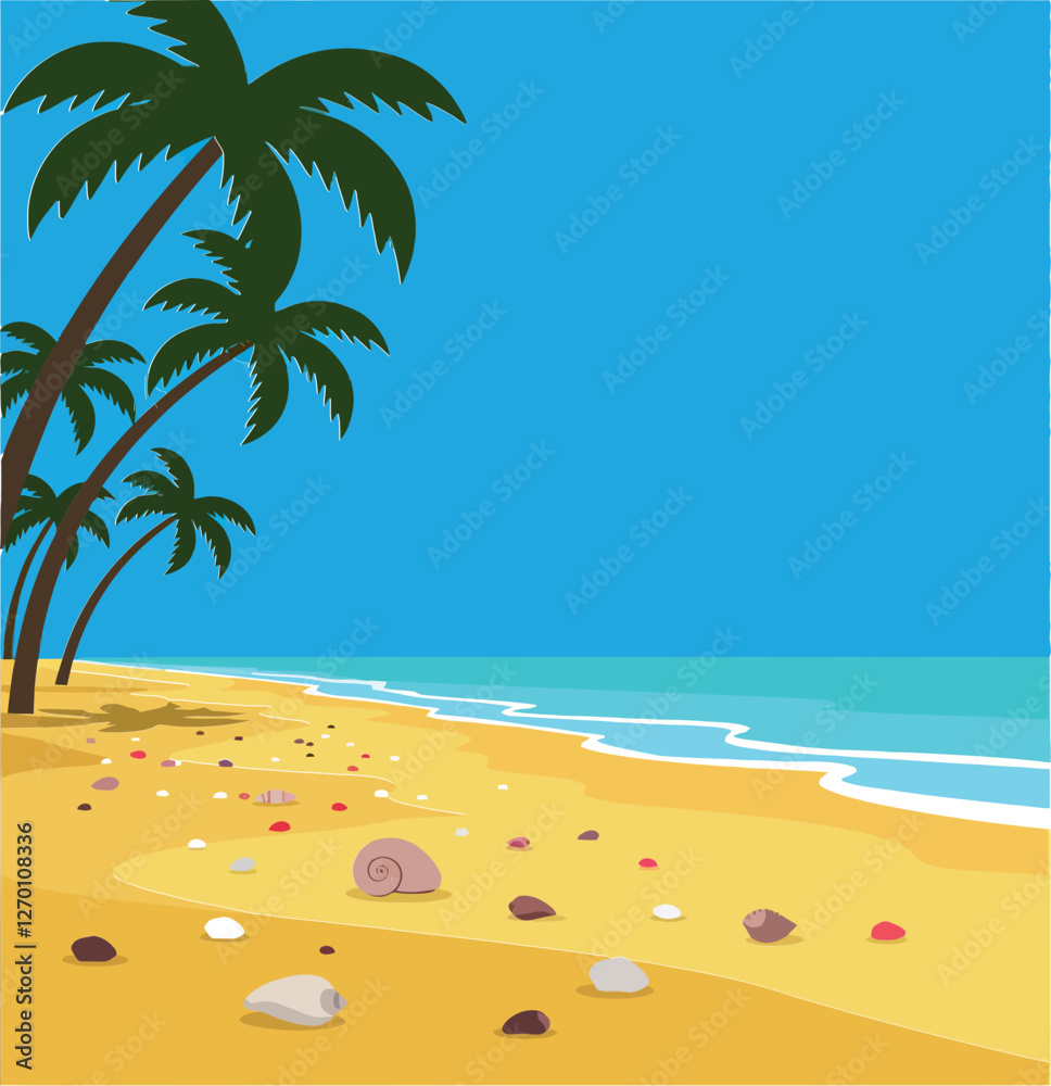 Obraz premium Beach scene with palm trees in flat vector art style