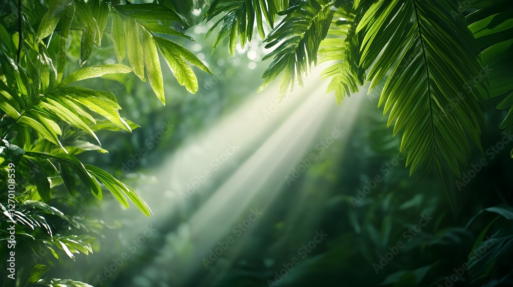 Fototapeta premium Sunlight Streaming Through Lush Green Jungle Foliage and Leaves