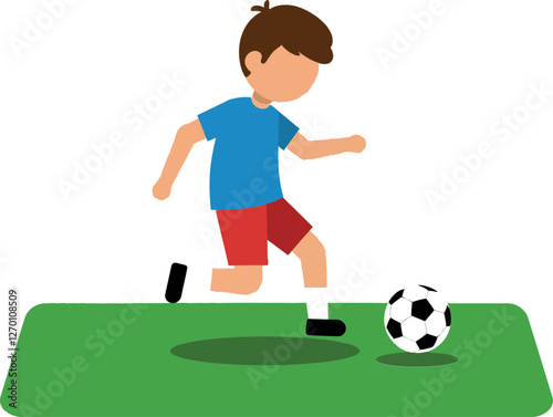 Boy kicking a soccer ball in flat vector illustration style