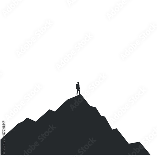 Silhouette of a climber on a mountain peak in flat vector art