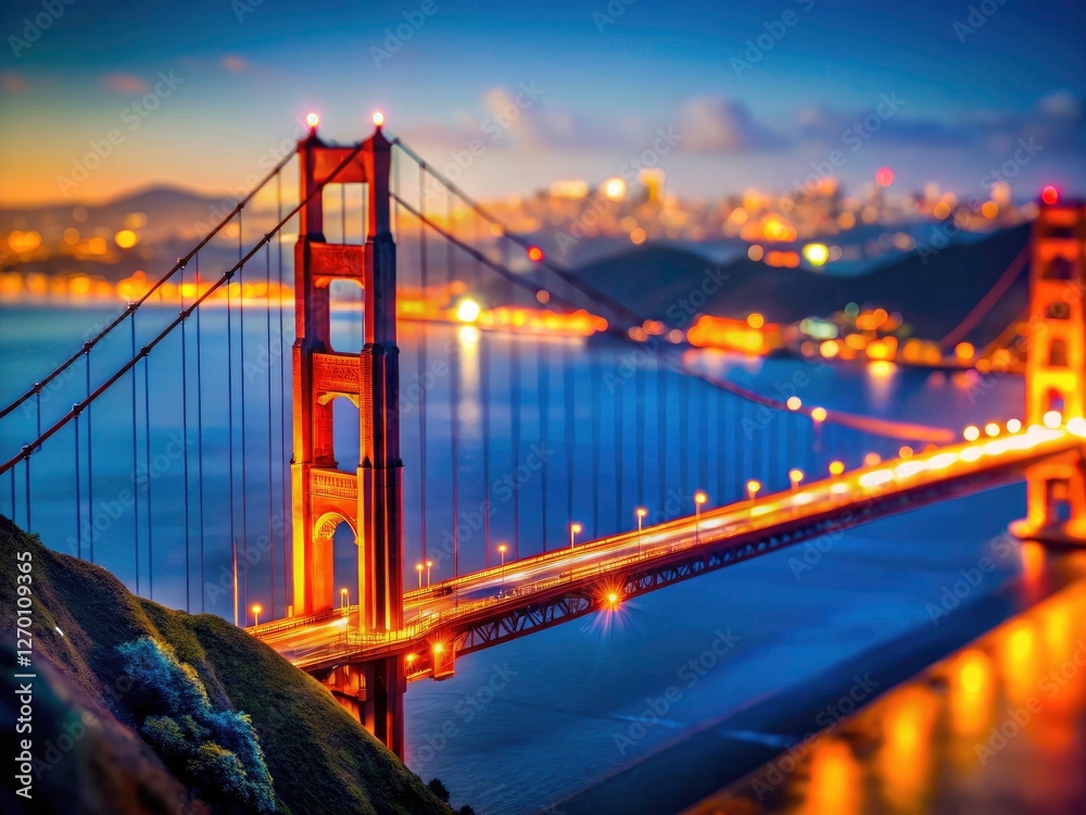 Obraz premium San Francisco's Golden Gate Bridge, a captivating night scene, transformed with a miniature tilt-shift effect.
