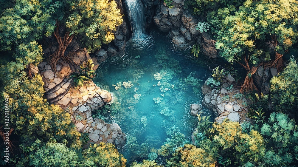 Tranquil waterfall scene secret forest pool digital art lush greenery aerial view serenity concept Tranquil waterfall scene secret forest pool digital art lush greenery aerial view serenity concept