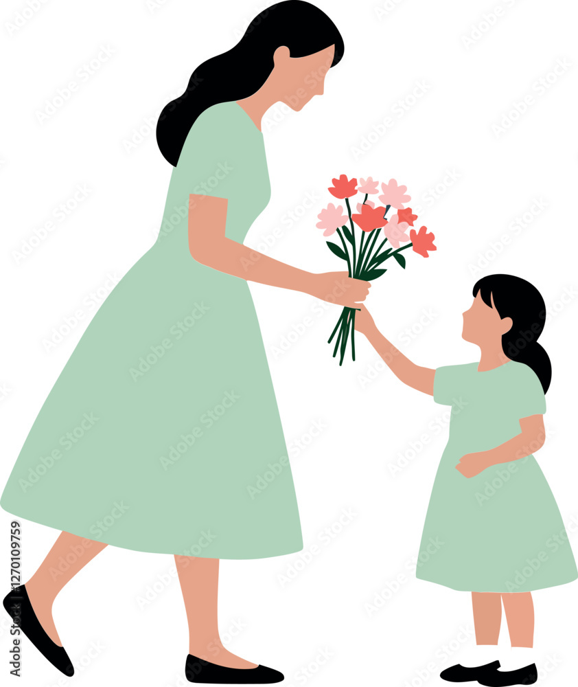 Mother and daughter sharing flowers in flat vector illustration Mother and daughter sharing flowers in flat vector illustration