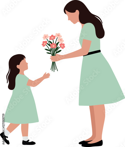 Mother handing flowers to daughter in flat vector illustration