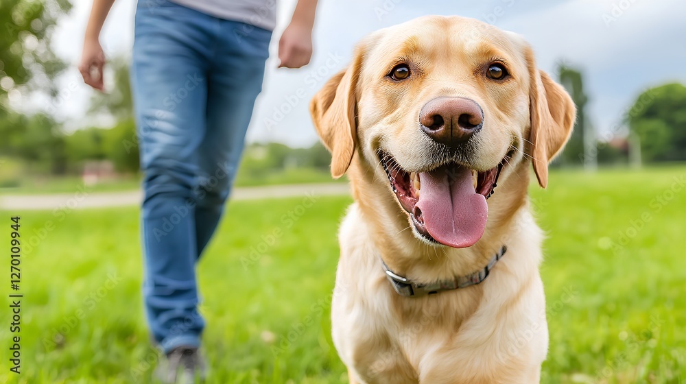 Happy Labrador Retriever Enjoying a Walk in a Beautiful Park Happy Labrador Retriever Enjoying a Walk in a Beautiful Park