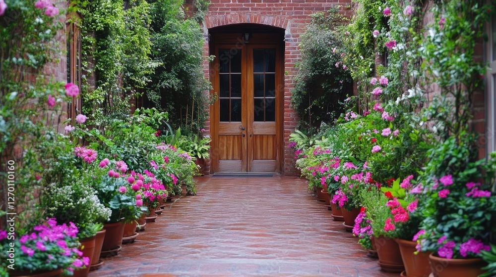 A beautiful front door with a neatly arranged walkway lined with potted plants, creating a welcoming entrance A beautiful front door with a neatly arranged walkway lined with potted plants, creating a welcoming entrance