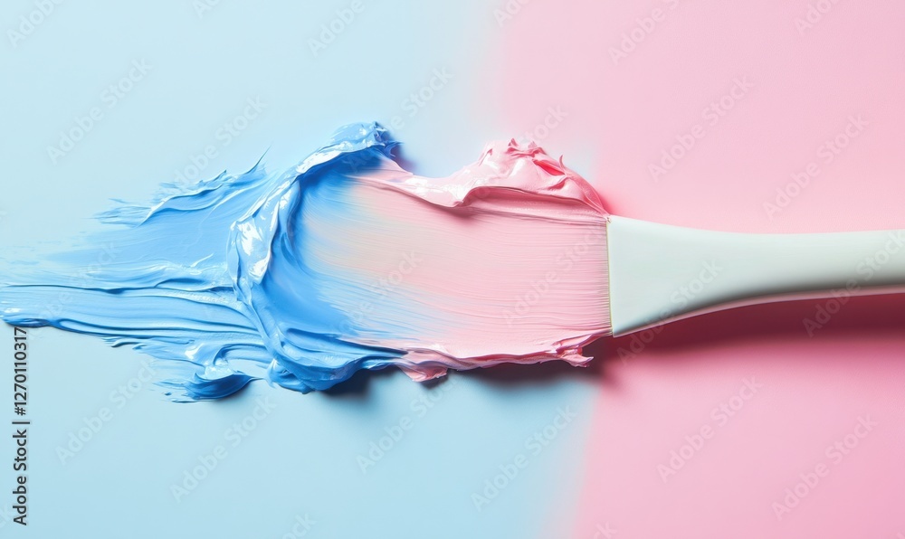 A vibrant paint palette featuring a brush mixing blue and pink paint on a split background A vibrant paint palette featuring a brush mixing blue and pink paint on a split background