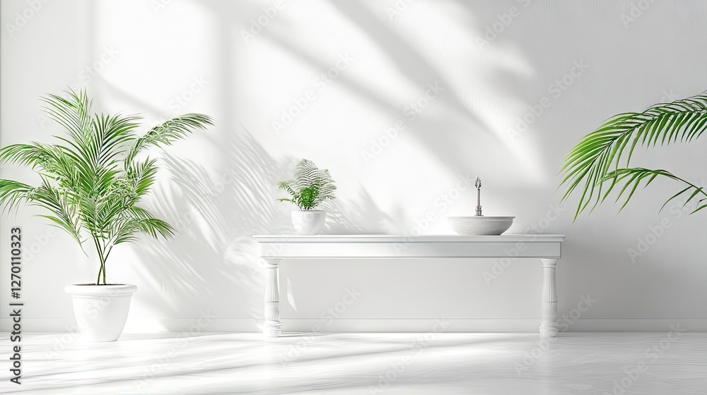 A bright and airy entryway with a clean console table, a decorative fountain, and fresh greenery A bright and airy entryway with a clean console table, a decorative fountain, and fresh greenery