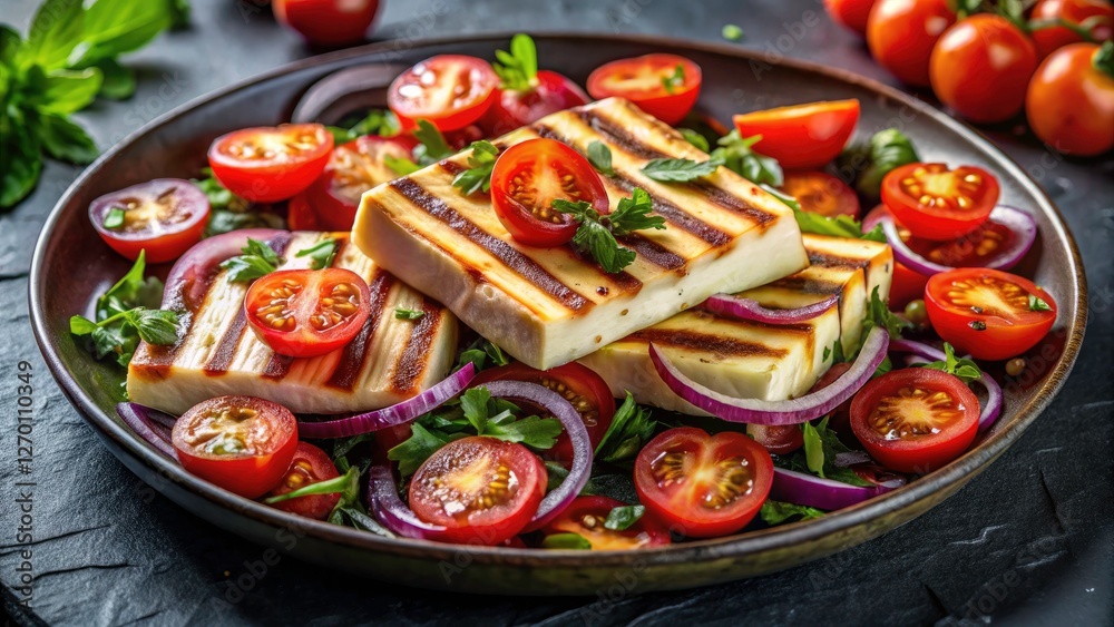 Savor the simplicity: grilled feta, ripe tomatoes, and thinly sliced red onions. Savor the simplicity: grilled feta, ripe tomatoes, and thinly sliced red onions.