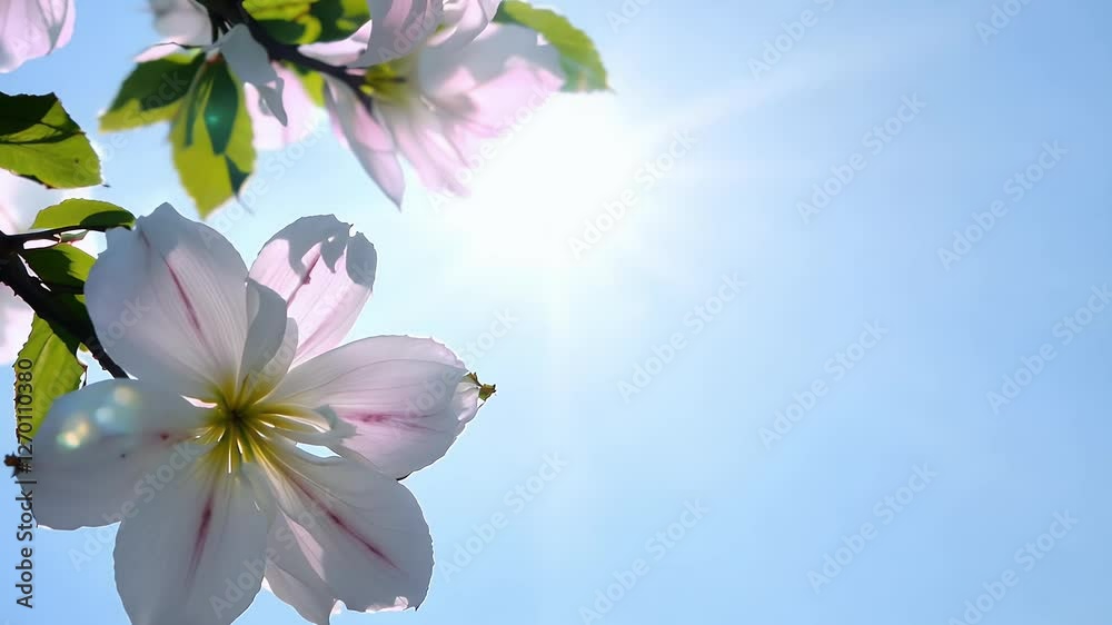 Slow motion close blooming cherry branch swaying gently spring breeze vivid pink blossoms contrasting beautifully clear blue sky