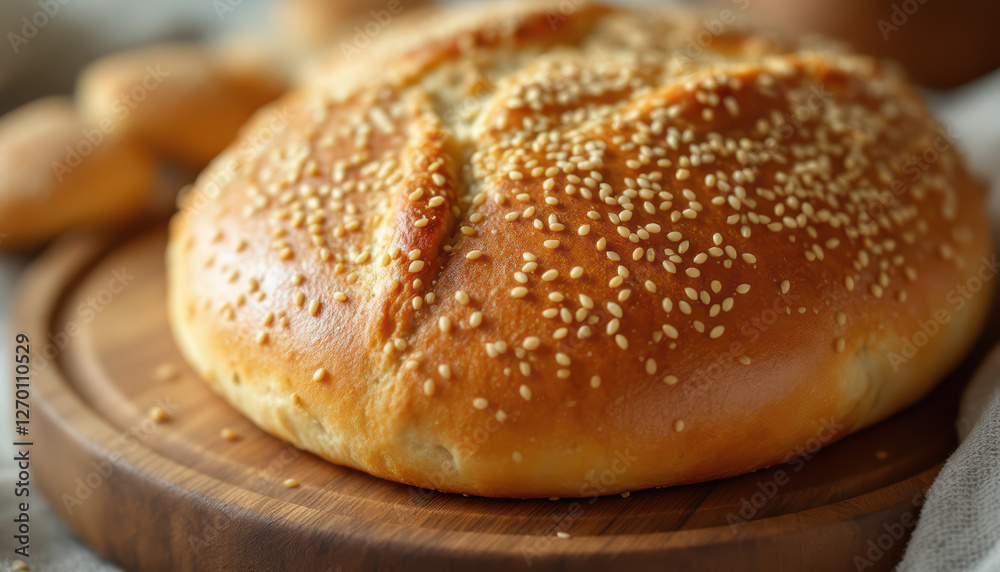 Close-up of freshly baked sesame seed bread on wooden board Close-up of freshly baked sesame seed bread on wooden board