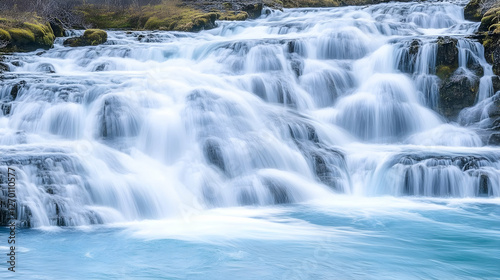 Iceland waterfall cascade, turquoise water, mossy rocks, nature background, travel photography