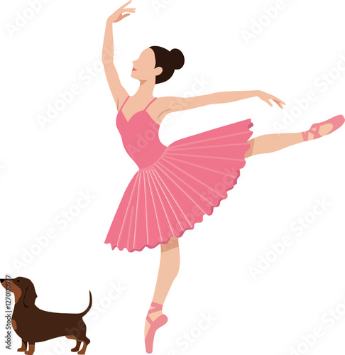 Ballerina performing graceful dance with dog in flat vector art