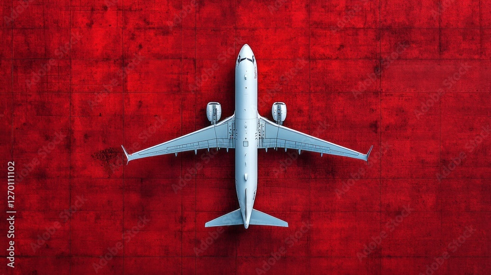 This aerial glimpse captures a pristine white passenger plane stationed on an eye-catching red runway. The colors create a dramatic contrast against the clear sky, highlighting its sleek design This aerial glimpse captures a pristine white passenger plane stationed on an eye-catching red runway. The colors create a dramatic contrast against the clear sky, highlighting its sleek design