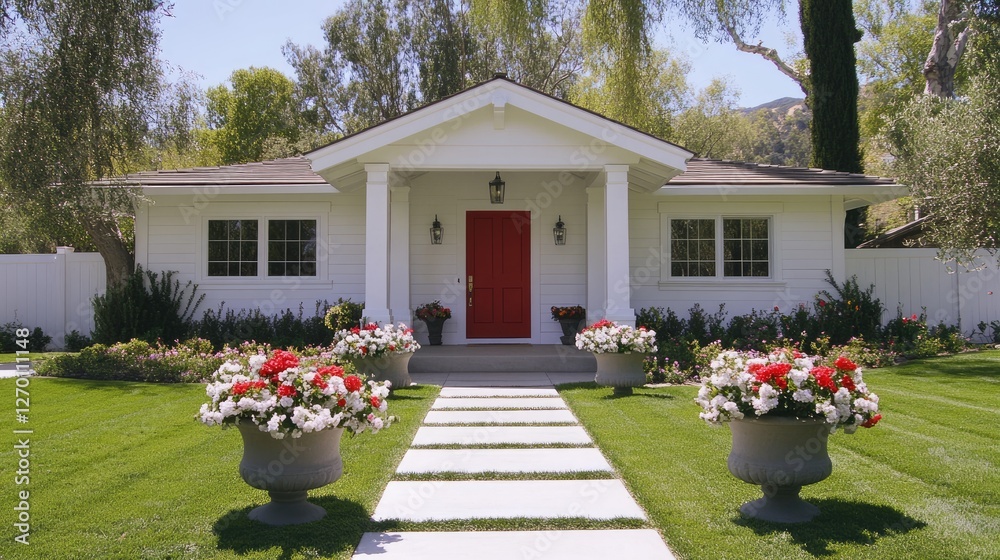 Fototapeta premium A classic white home with a bold red door, symmetrical flower pots, and a clean pathway