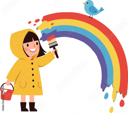 Child in raincoat painting a colorful rainbow in flat vector art