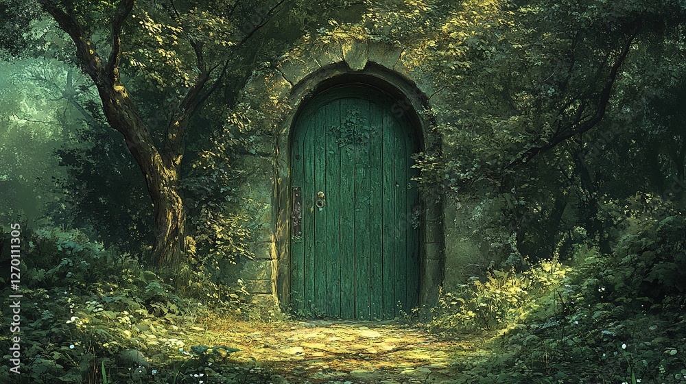 Exploring a mysterious green door in enchanted forest nature scene tranquil landscape dreamlike environment Exploring a mysterious green door in enchanted forest nature scene tranquil landscape dreamlike environment