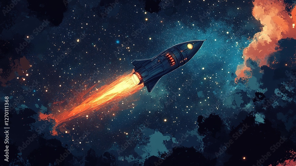 Rocket launch into space cosmic voyage digital art outer space aerial view adventure and exploration Rocket launch into space cosmic voyage digital art outer space aerial view adventure and exploration