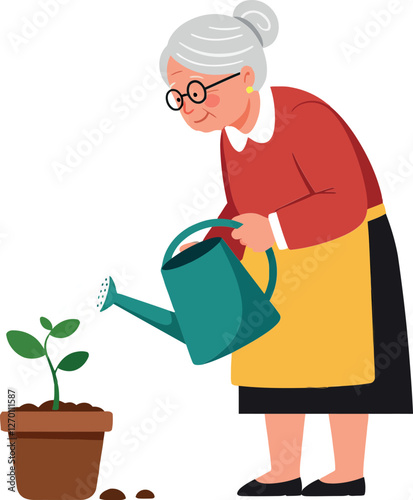 Elderly woman watering a young plant in flat vector art