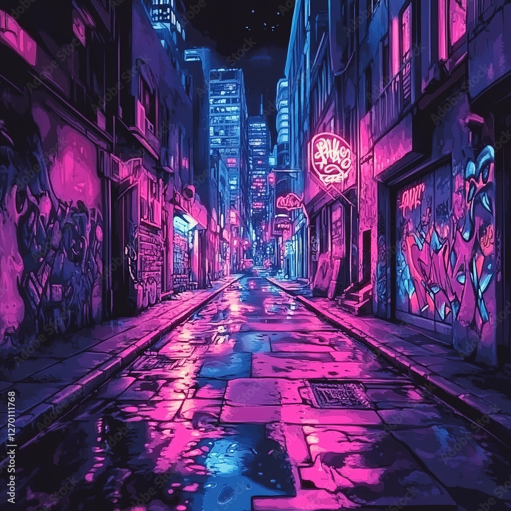 Fototapeta premium Neon-lit street art scene urban downtown digital artwork nighttime wide angle vibrant atmosphere
