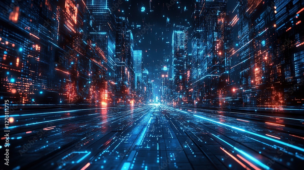 Futuristic light trails digital cityscape 3d visualization urban environment low angle technology concept Futuristic light trails digital cityscape 3d visualization urban environment low angle technology concept