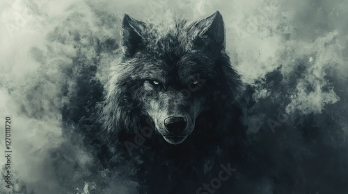 Majestic wolf staring intently enigmatic forest background digital art dark atmosphere close-up nature's power