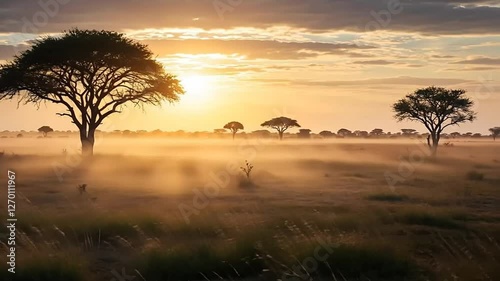 Golden Light Over African Savanna Landscape with Silhouette Trees and Mist