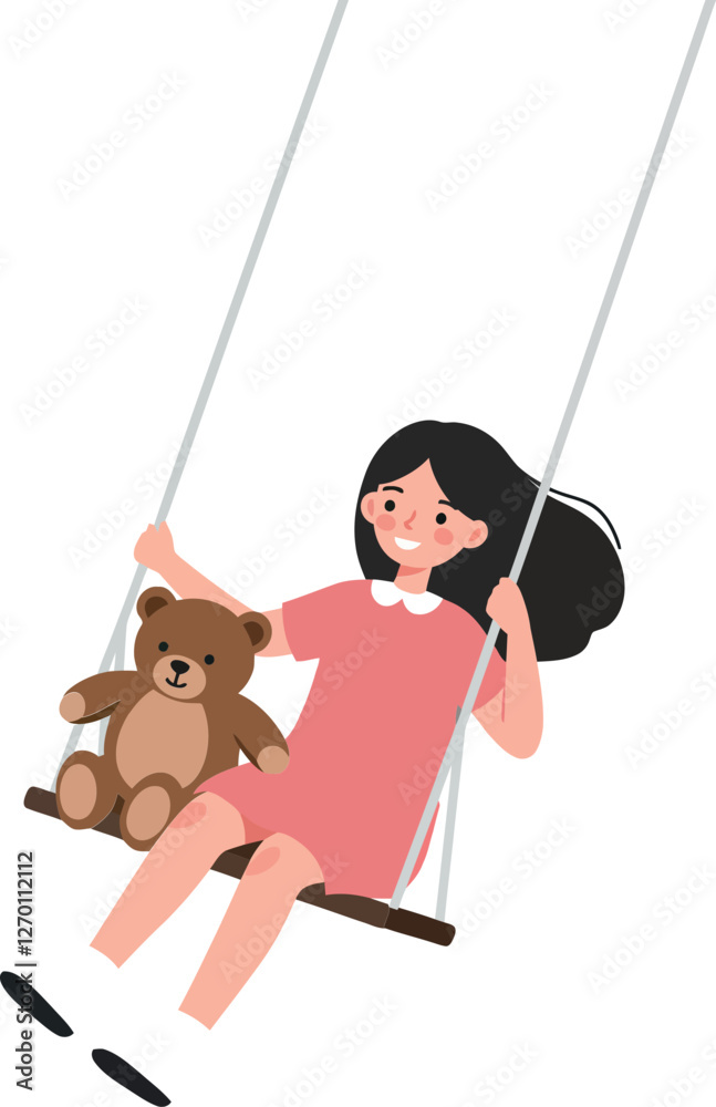 Girl swinging happily with teddy bear in flat vector illustration Girl swinging happily with teddy bear in flat vector illustration