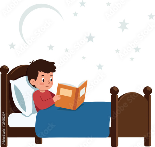 Child reading a book in bed with flat vector illustration