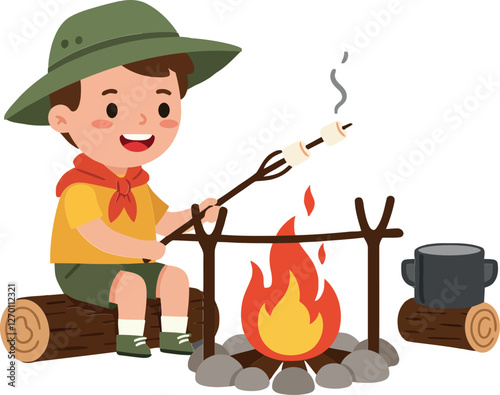 Happy boy roasting marshmallow over campfire in flat vector art