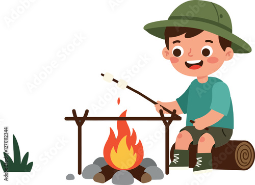 Happy child roasting marshmallows over a campfire in flat vector art