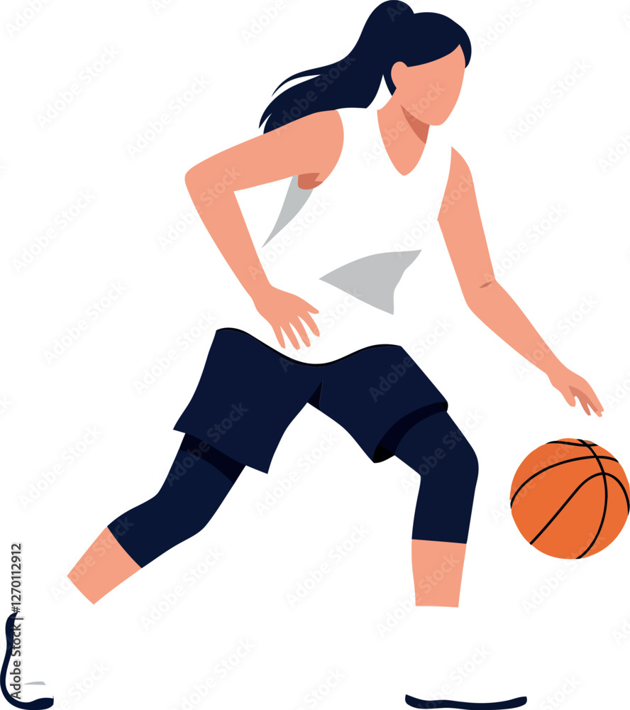 Female basketball player dribbling ball in flat vector art Female basketball player dribbling ball in flat vector art