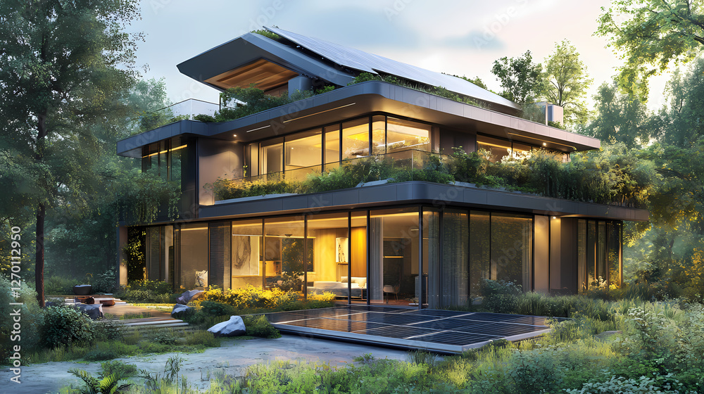 Fototapeta premium A modern, eco-friendly house design featuring lush greenery, solar panels, and large windows, harmonizing nature with contemporary architecture. Harmonic Energy Constructs. Illustration