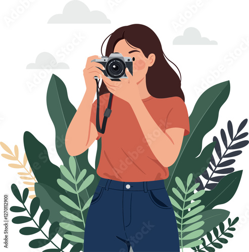 Woman holding a camera surrounded by various green plants vector illustration