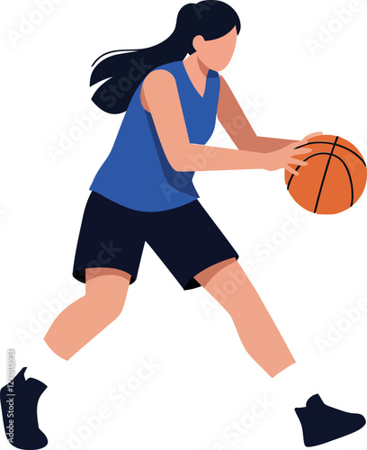 Female basketball player dribbling ball in flat vector illustration