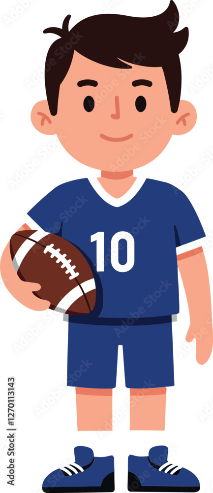 Fototapeta premium Young boy holding a football in minimal flat vector art