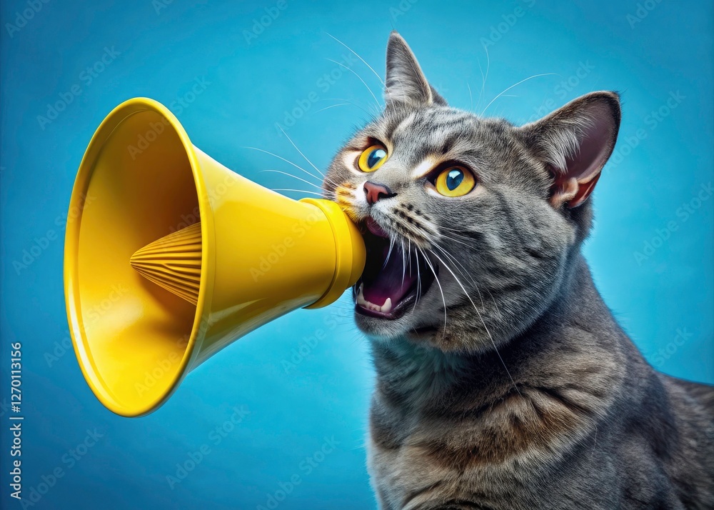 Fototapeta premium Screaming grey cat with megaphone: a hilarious pet pic against a bright blue backdrop. Pure comedic genius!