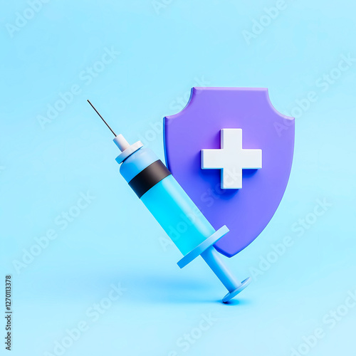 3d rendering of a syringe and a protective shield symbolizing vaccination and health protection