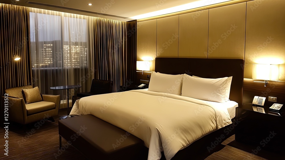 A modern and cozy bedroom with a well-proportioned bed, soft lighting, and neutral-toned decor A modern and cozy bedroom with a well-proportioned bed, soft lighting, and neutral-toned decor
