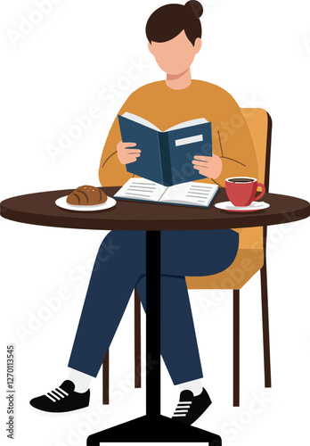 Person reading a book while enjoying coffee in flat vector art