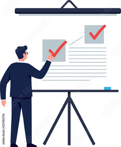 Person marking completed tasks on a presentation board in flat vector art