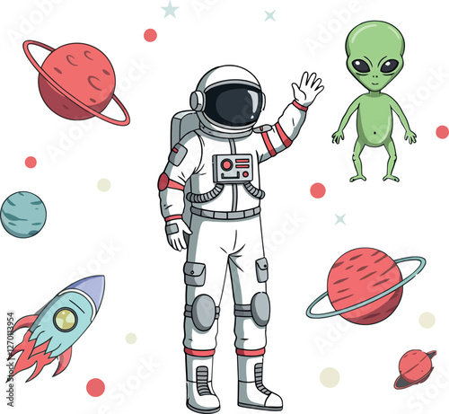 Astronaut interacting with alien characters in flat vector art