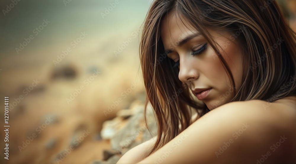 Emotions Depression - Beautiful Young Woman With Closed Eyes Shows Peaceful Yet Melancholic Expression In Soft Light. Emotions Depression - Beautiful Young Woman With Closed Eyes Shows Peaceful Yet Melancholic Expression In Soft Light.