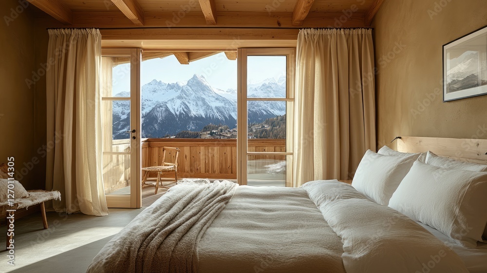 Fototapeta premium A neatly designed bedroom with soft curtains, plush textiles, and a medium-sized bed for comfort