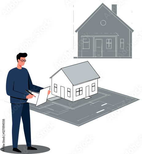 Man designing a house with digital tools in flat vector art