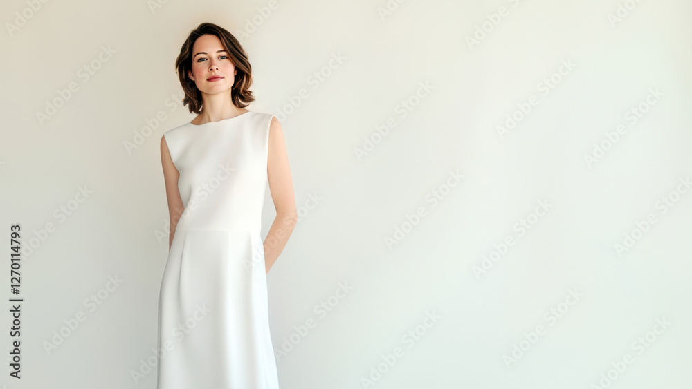 Mockup of a sleeveless white dress on a woman, set against a neutral background. Soft lighting enhances fabric texture. Ample space for branding, patterns, or design customization Mockup of a sleeveless white dress on a woman, set against a neutral background. Soft lighting enhances fabric texture. Ample space for branding, patterns, or design customization
