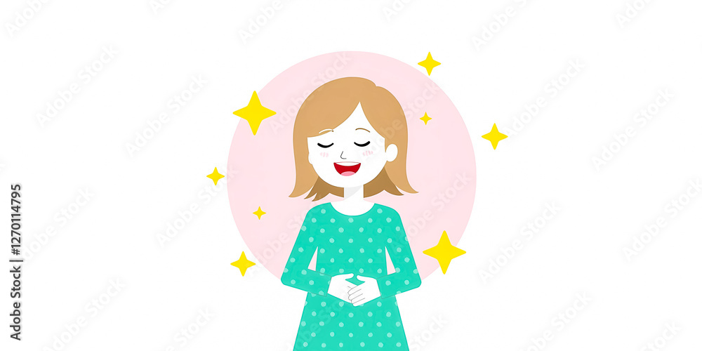 smiling woman in teal polka dot dress exuding happiness and wellbeing smiling woman in teal polka dot dress exuding happiness and wellbeing