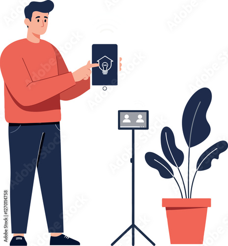 Person interacting with smartphone and plant in flat vector illustration