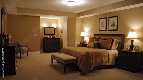 A relaxing master bedroom with a perfectly sized bed, plush bedding, and carefully placed lighting